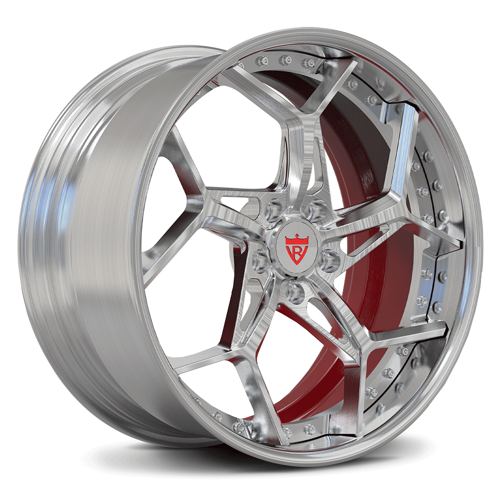Custom forged 2-piece chrome wheel with sleek design and red accents for optimal brake clearance.