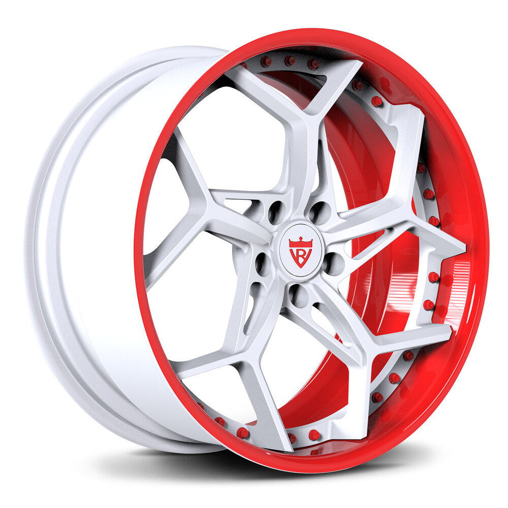 Before/after C8 Corvette wheel upgrade comparison with RVRN cutom forged 2-piece rims RV-DV03 red and white