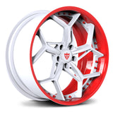 Before/after C8 Corvette wheel upgrade comparison with RVRN cutom forged 2-piece rims RV-DV03 red and white