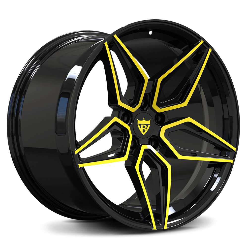 Custom forged monoblock wheel in black with yellow accents, ideal for enhancing Camaro rims and overall vehicle aesthetics.