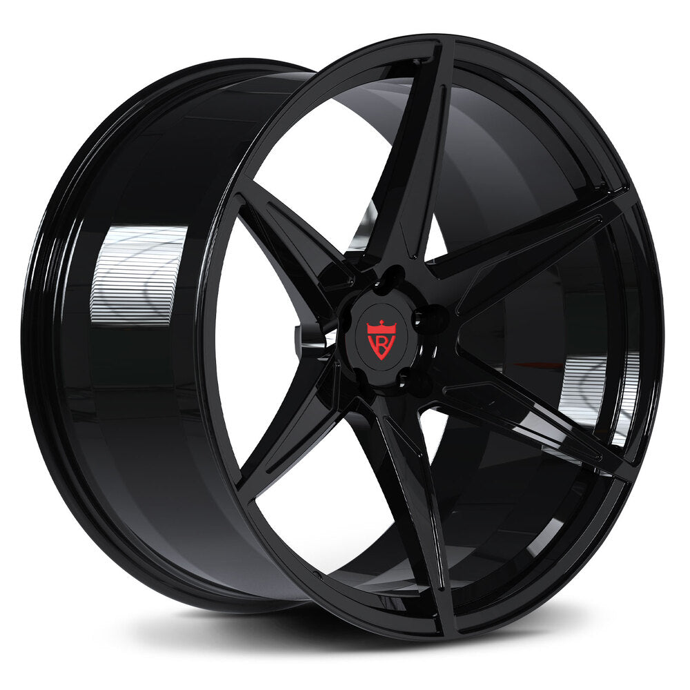 Custom forged monoblock concave wheel in glossy black finish, showcasing a sleek design and precision engineering.