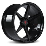 Custom forged monoblock concave wheel in glossy black finish, showcasing a sleek design and precision engineering.