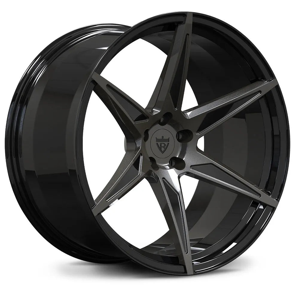 Custom forged monoblock concave wheels RV-MC19 with super concave design, 20-inch fitment for Dodge Charger. Gloss Black barrel and dark gunmetal 5 spokes