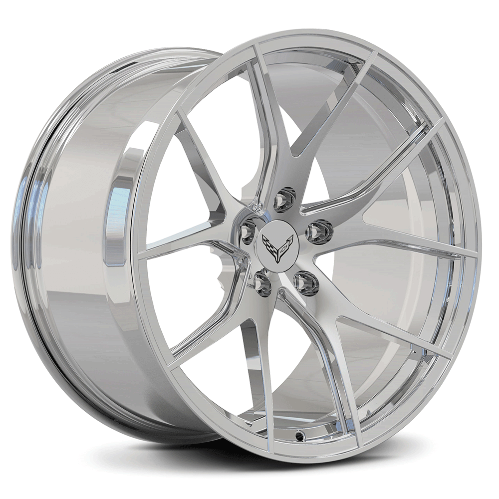 Custom forged monoblock wheel, chrome finish, designed for Corvette C8, showcasing performance and style.