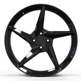 Custom forged 5 spoke monoblock wheel in glossy black finish, designed for Ford Mustang and classic 4 lug setups.