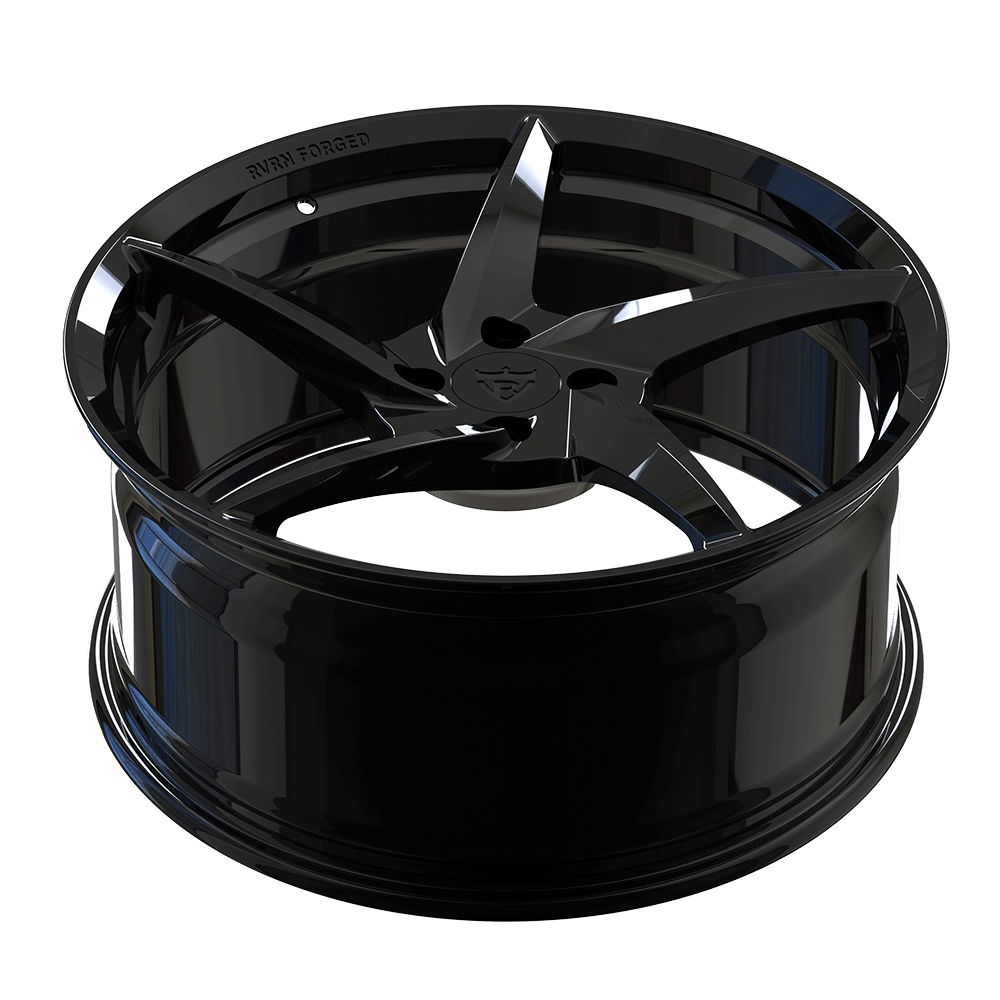 Custom forged 5 spoke black monoblock wheel for Ford Mustang with polished finish.