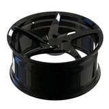 Custom forged 5 spoke black monoblock wheel for Ford Mustang with polished finish.