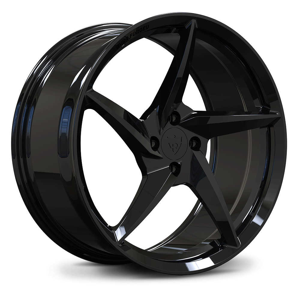 Custom forged 5 spoke black aluminum wheel designed for Ford Mustang 4 lug setups.