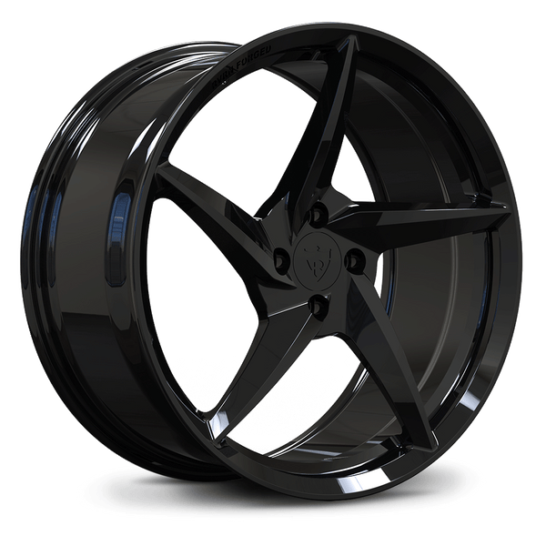 Custom forged 5 spoke black aluminum wheel designed for Ford Mustang 4 lug setups.