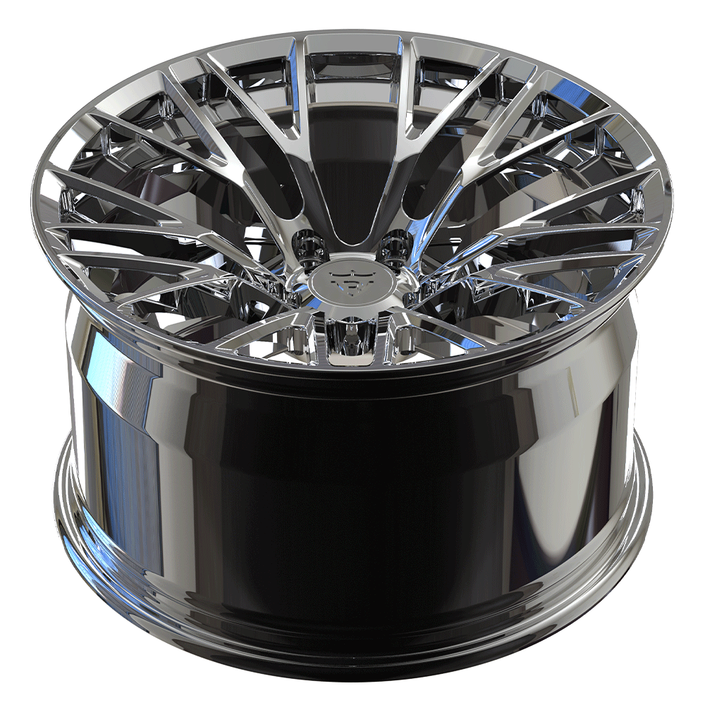 Custom forged chrome wheel design for C2 Corvette, featuring intricate spokes and sleek finish, compatible with 18" and aftermarket options.
