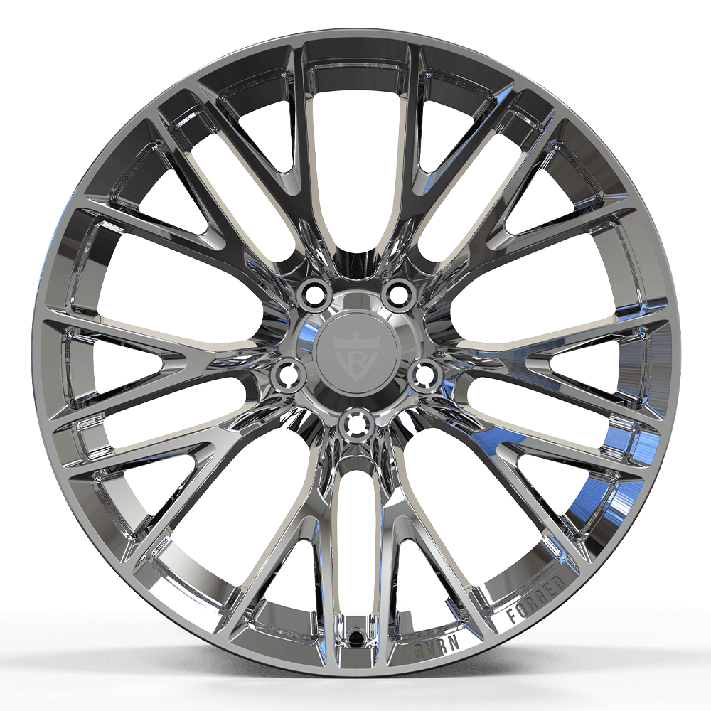 Custom forged 1-piece chrome wheel design for C2 Corvette, showcasing intricate detailing and modern aesthetics.