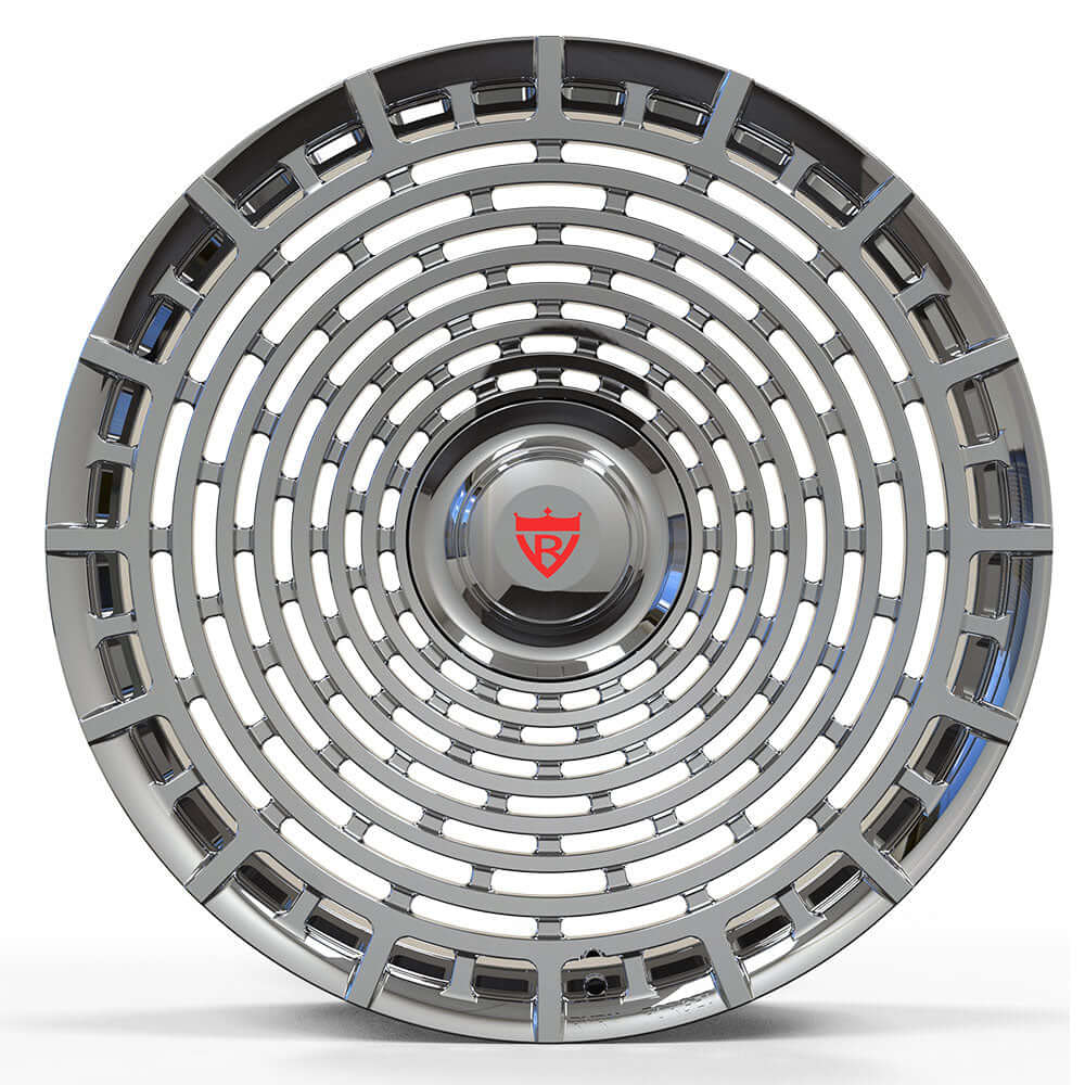 Custom forged monoblock chrome rim with intricate spiral design, ideal for Cadillac CT6 and other vehicles.