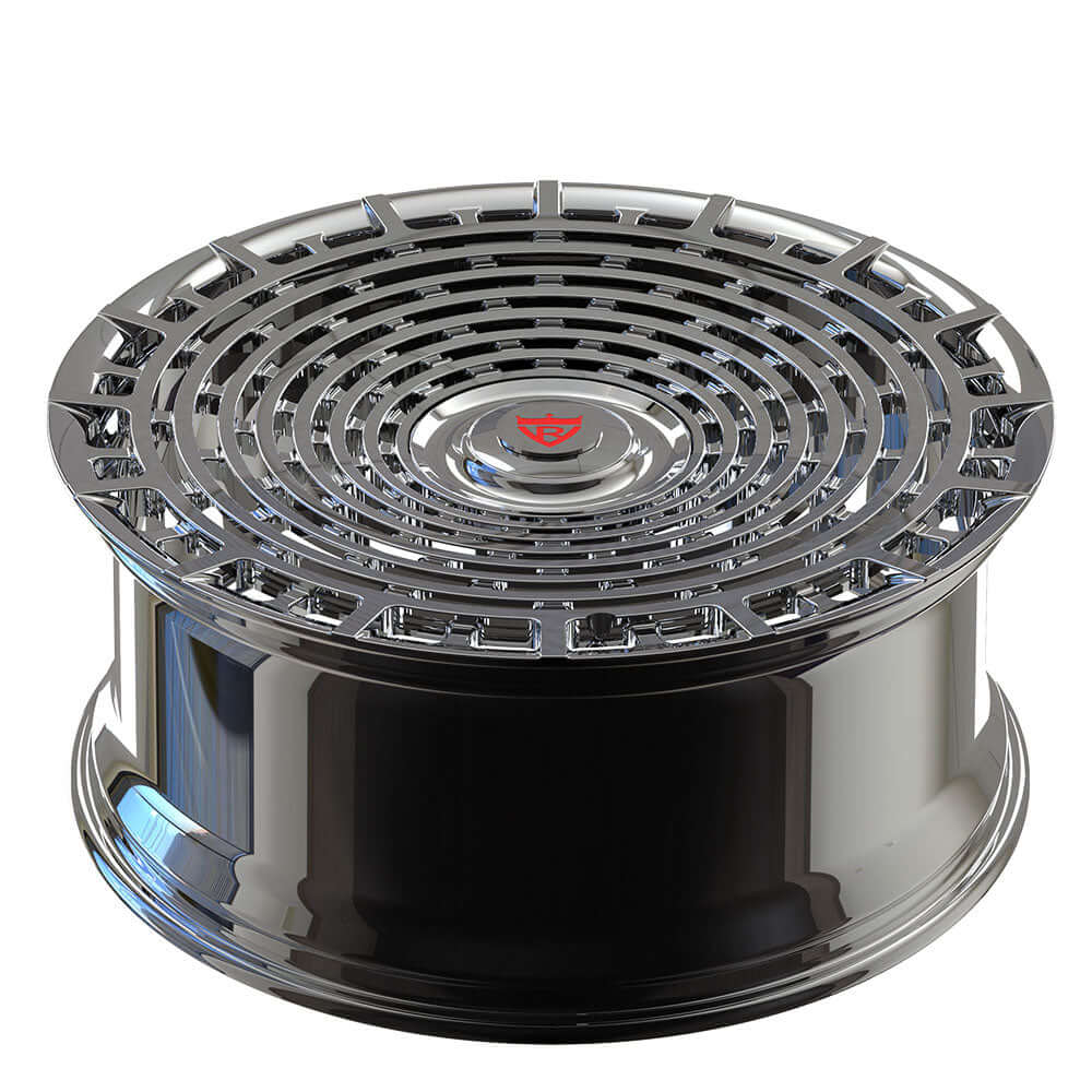 Custom forged monoblock chrome rim, designed for Cadillac CT6, showcasing intricate spiral pattern and high shine finish.