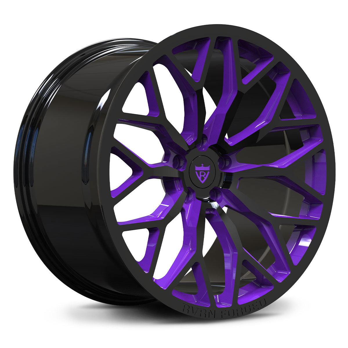 Two-tone forged wheel in gloss black and purple accent with 1-piece polished design