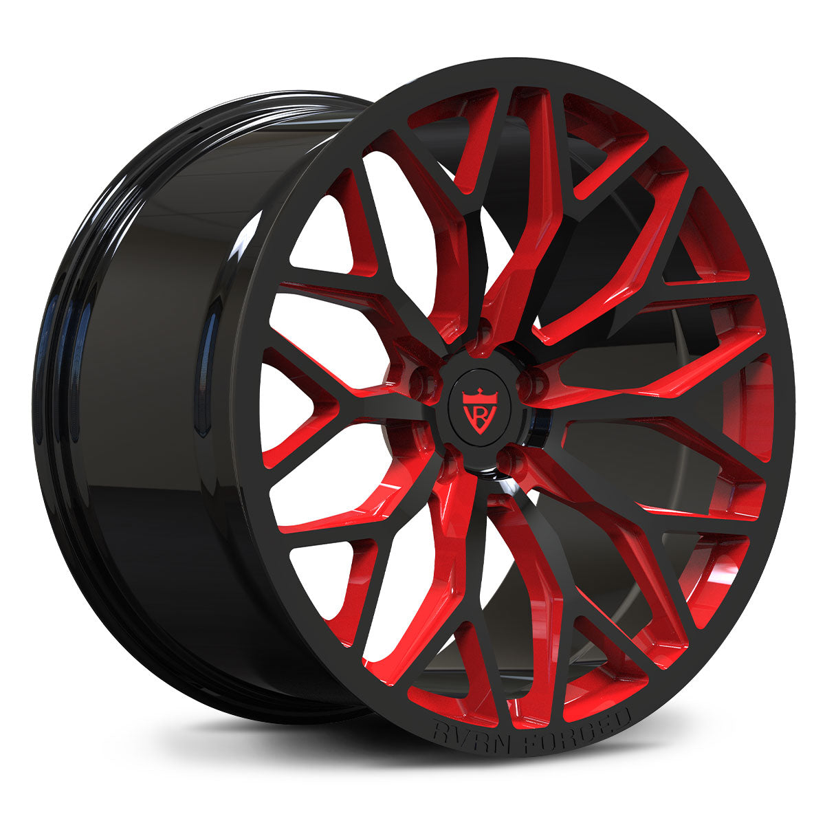Gloss black forged wheel with red accent window – RVRN aftermarket rims