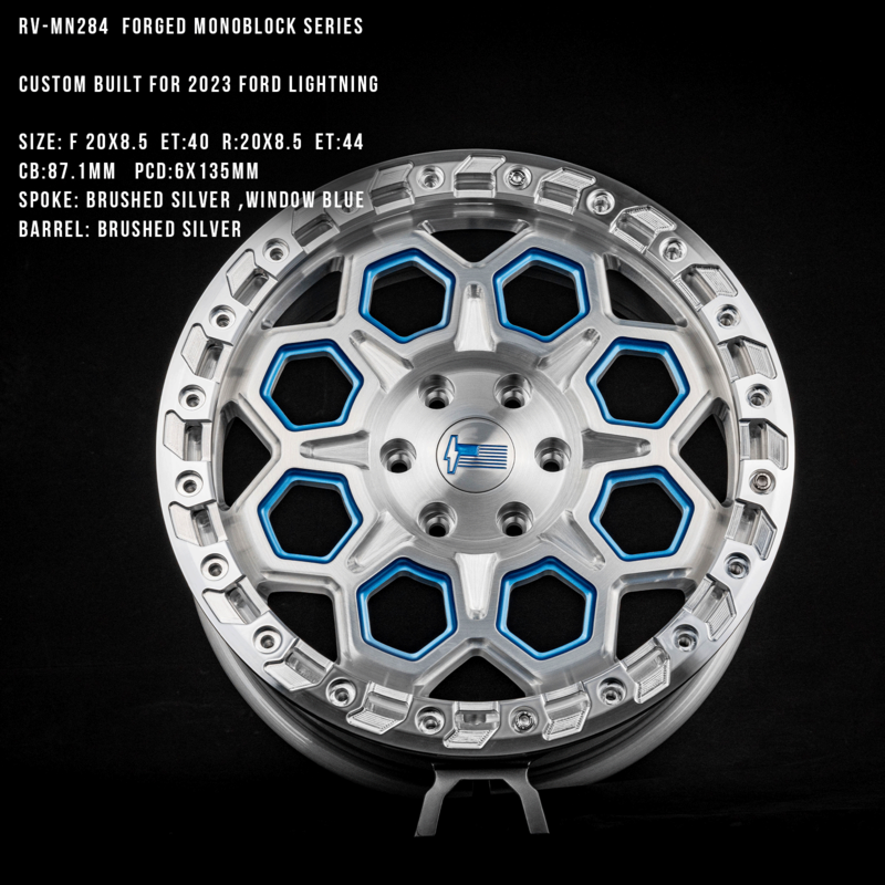 Custom forged wheels RV-MN284 for 2023 Ford Lightning, featuring brushed silver and blue accents, perfect for enhancing your truck's style.