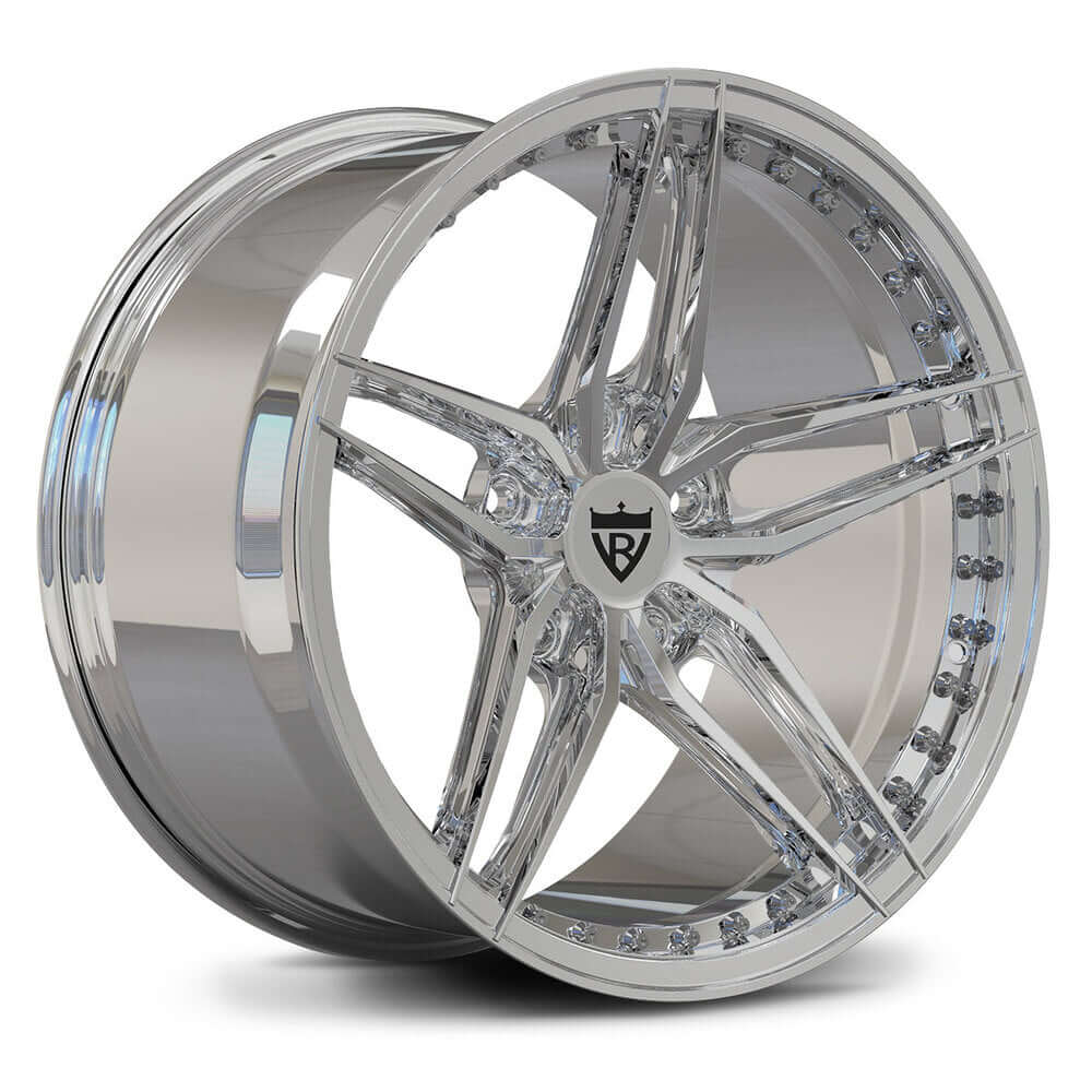 Custom forged monoblock 5 spoke wheels, chrome finish, designed for Corvette, perfect for high-performance tire applications.