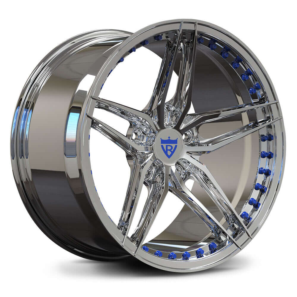Custom forged monoblock chrome 5 spoke wheel with blue accents, perfect for Corvette or custom-built vehicles.