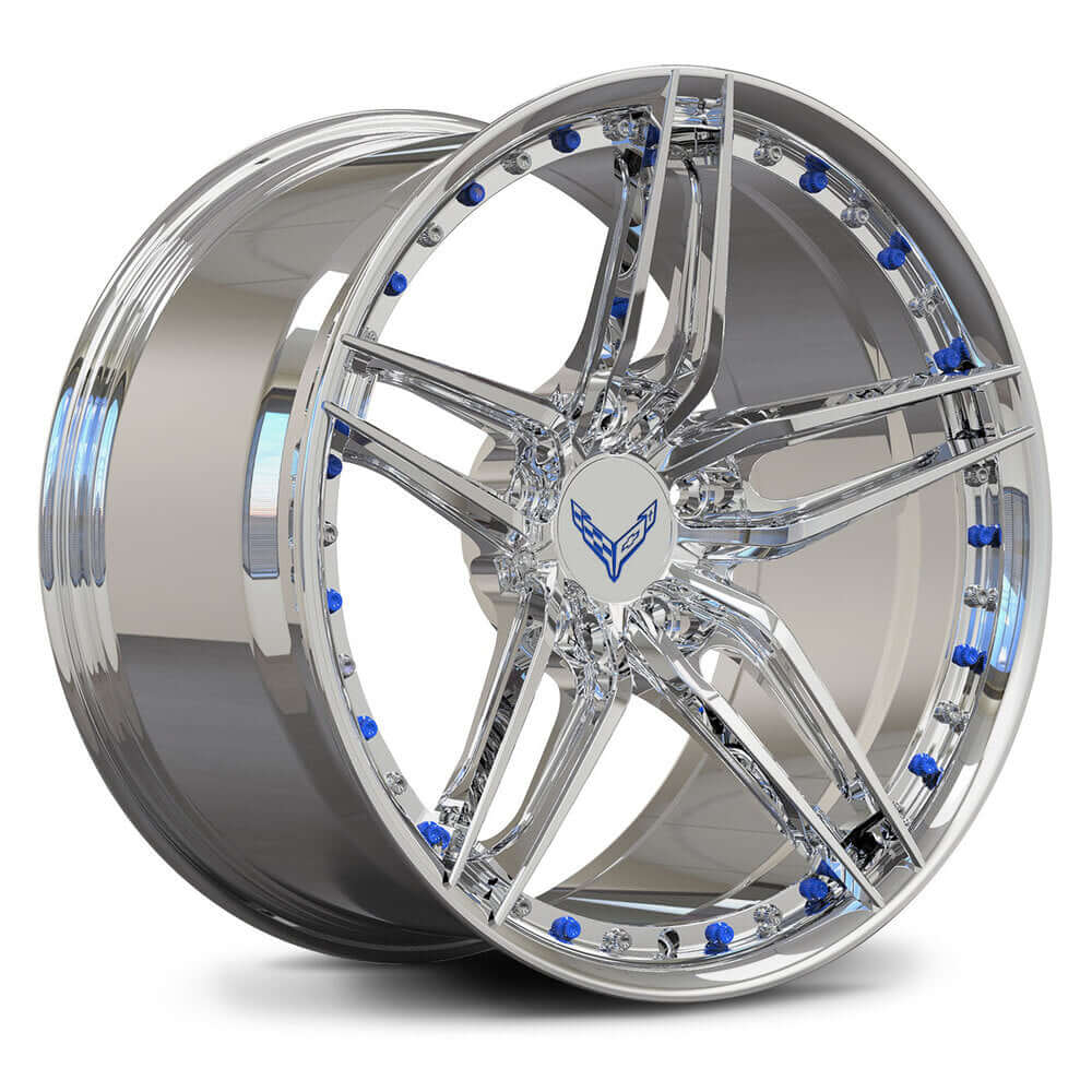 Custom forged 5 spoke chrome wheel for Corvette, featuring blue accents and a sleek design.
