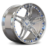 Custom forged 5 spoke chrome wheel for Corvette, featuring blue accents and a sleek design.