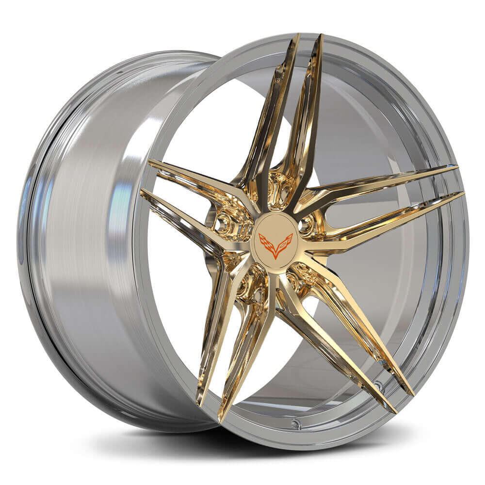 Custom forged 5 spoke chrome rim, gold finish, designed for Corvette C8 and other high-performance vehicles.