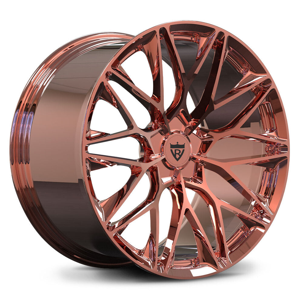 Custom forged monoblock RV-MP184 wheel for Porsche in shiny rose gold finish, showcasing a modern and stylish design.