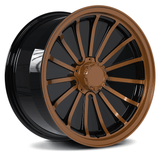 Custom copper and black forged monoblock wheel with intricate design for trucks, compatible with Toyota Tundra and deep dish style.