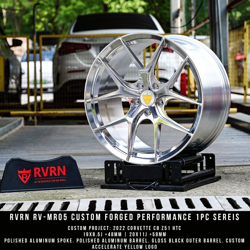 Polish Wheels with Corvette Accelerate yellow caps, 19inch custom aftermarket forged wheels for your corvette c8 z51 htc. super lightweight and performance style. RVRN RV-MR05 series