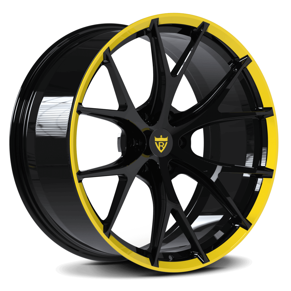 Custom forged 6-lug Y-spoke monoblock wheel for Dodge Ram 1500 and 2500, featuring black finish and yellow accents.