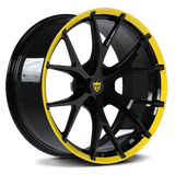 Custom forged 6-lug Y-spoke monoblock wheel for Dodge Ram 1500 and 2500, featuring black finish and yellow accents.