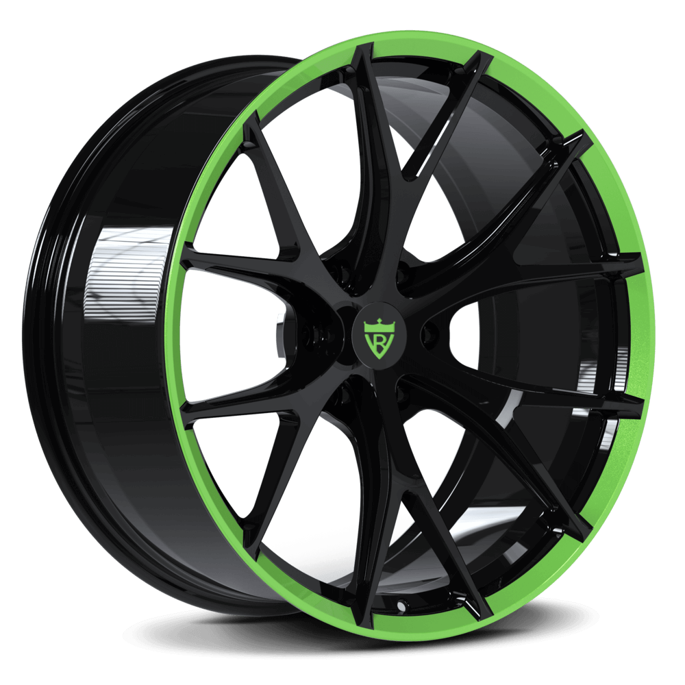 Custom forged monoblock Y-spoke wheel with black finish and green accent, ideal for Dodge Ram 1500 and 2500 trucks.