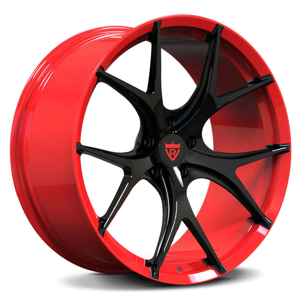 Custom forged monoblock RV-MR05 wheels in red and black designed for Mercedes-Benz, offering lightweight performance.
