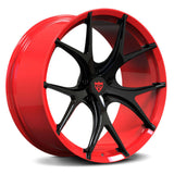 Custom forged monoblock RV-MR05 wheels in red and black designed for Mercedes-Benz, offering lightweight performance.