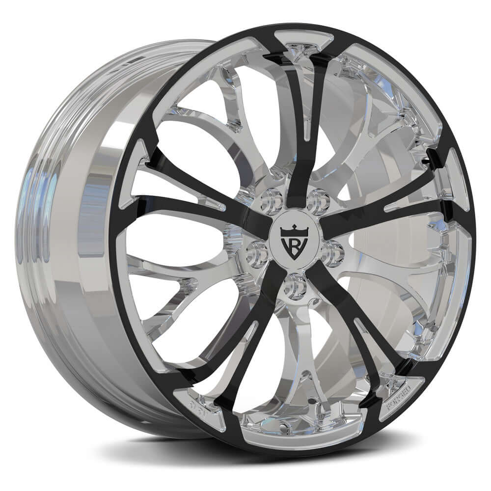 Custom forged 1-piece wheels RV-MR09 in chrome and black finish, ideal for Corvette C8 aftermarket customization.