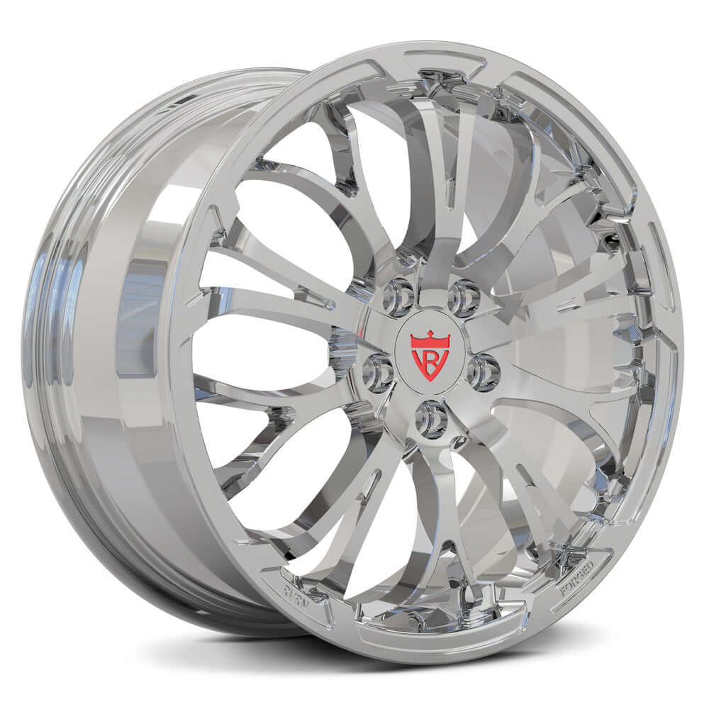 Custom forged 1-piece wheels RV-MR09 in polished chrome finish with unique design and brand logo.