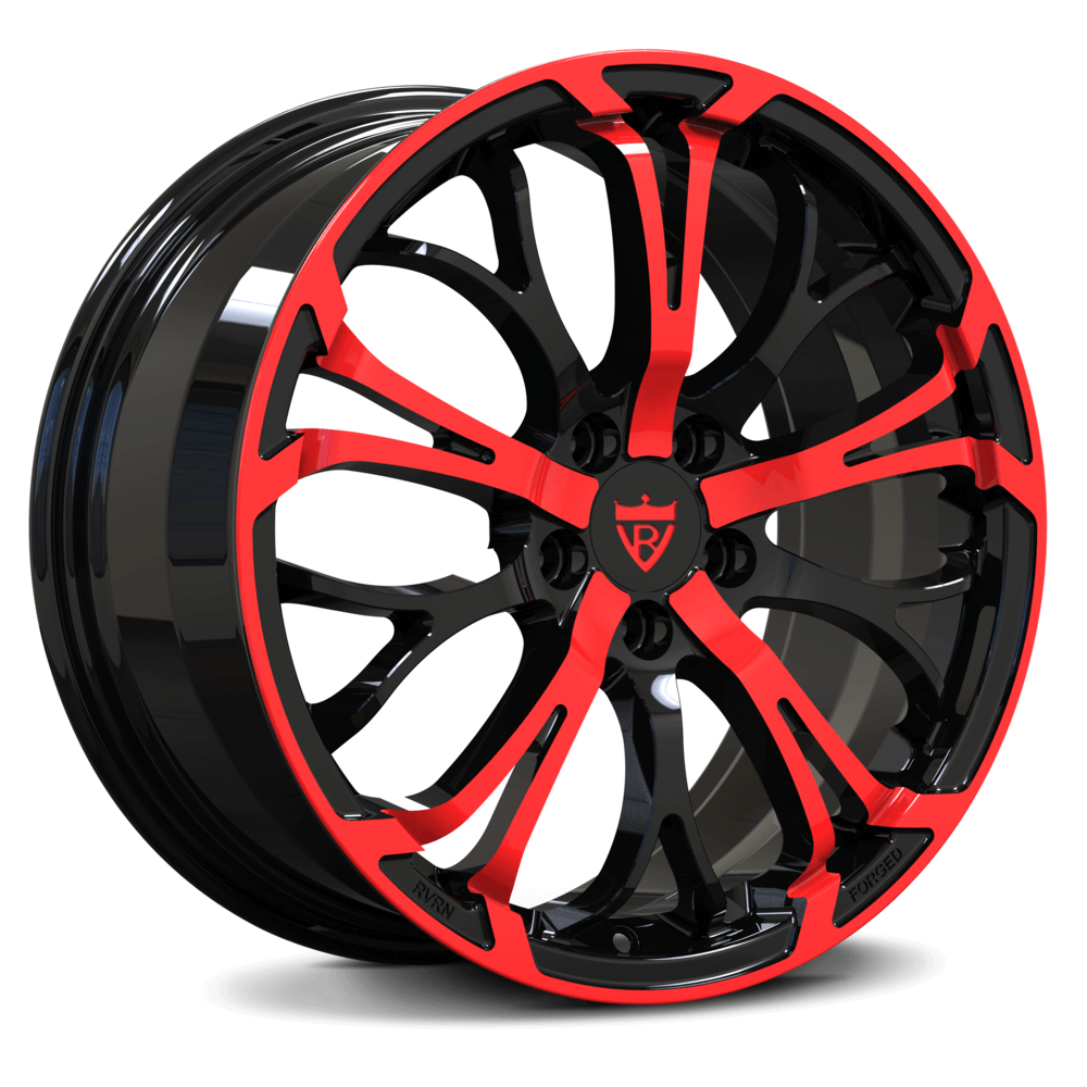Custom forged 1-piece wheels with red and black finish, ideal for Corvette C8 aftermarket styling.