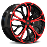Custom forged 1-piece wheels with red and black finish, ideal for Corvette C8 aftermarket styling.