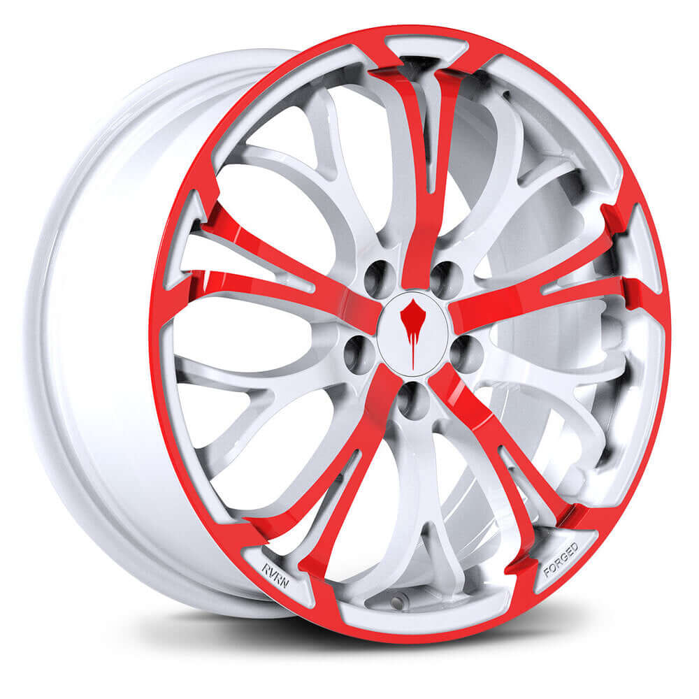 Custom forged 1-piece wheel in white and red, designed for Corvette C8, featuring max concavity and OEM compatibility.