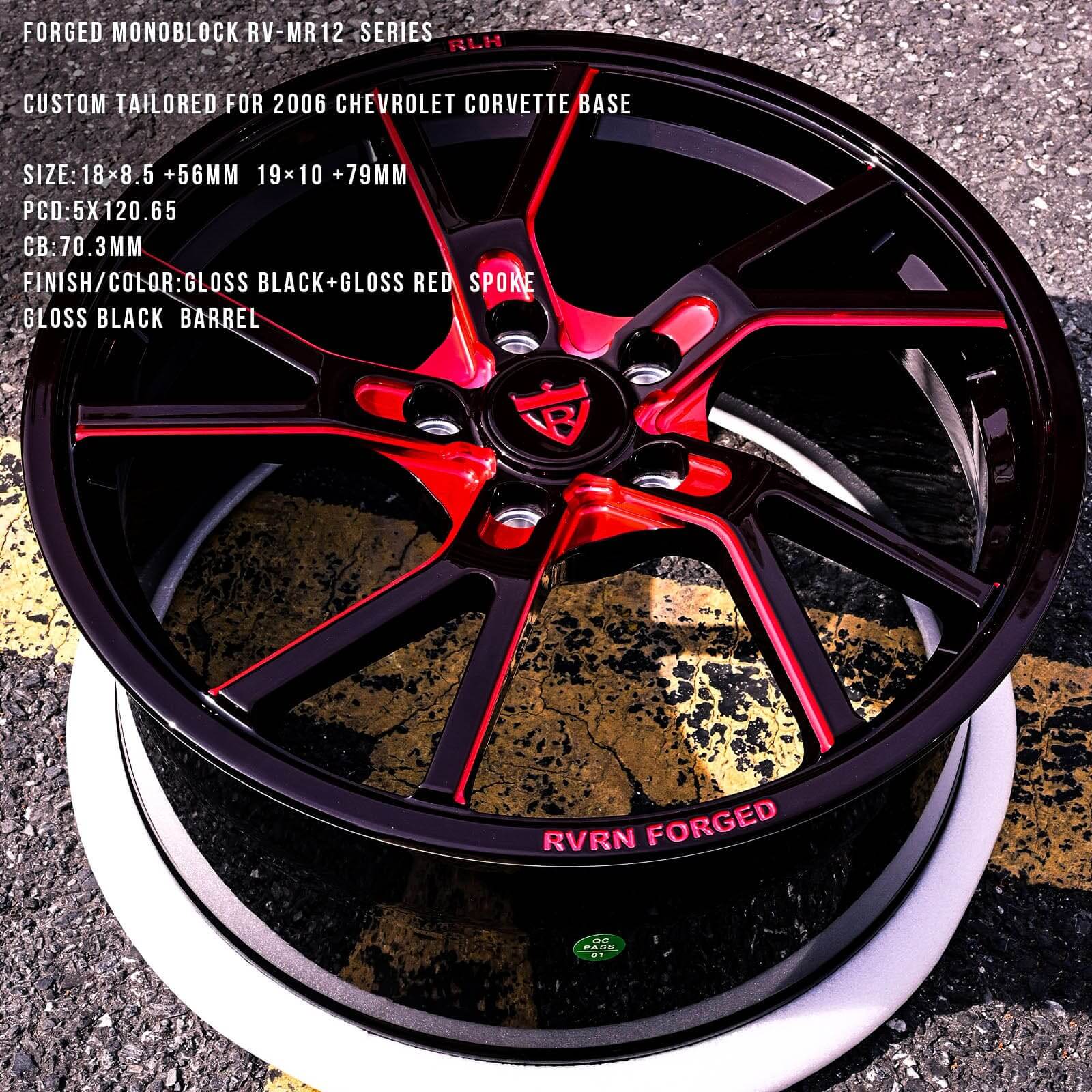 Custom 18" RV-MR12 forged wheels for 2006 Chevrolet Corvette in gloss black and red, designed for C6 Corvette aftermarket fit.