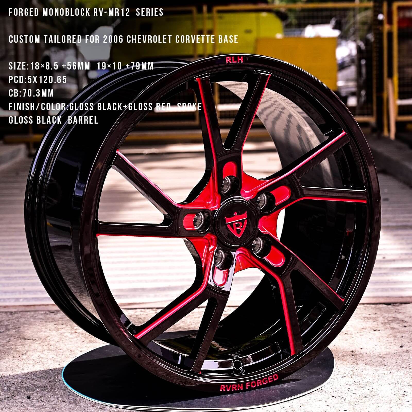 Custom monoblock forged RV-MR12 wheels for 2006 Corvette, featuring red and black finish, 18x8.5 size.