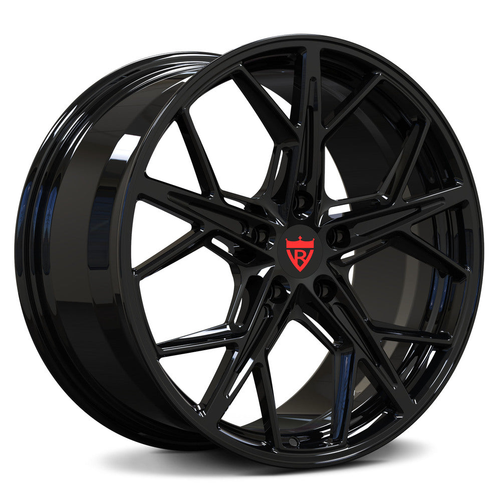Custom forged black wheels with unique design for C7 Corvette aftermarket upgrades.