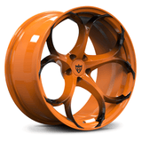Custom forged monoblock wheels in vibrant orange finish, designed for performance and style.