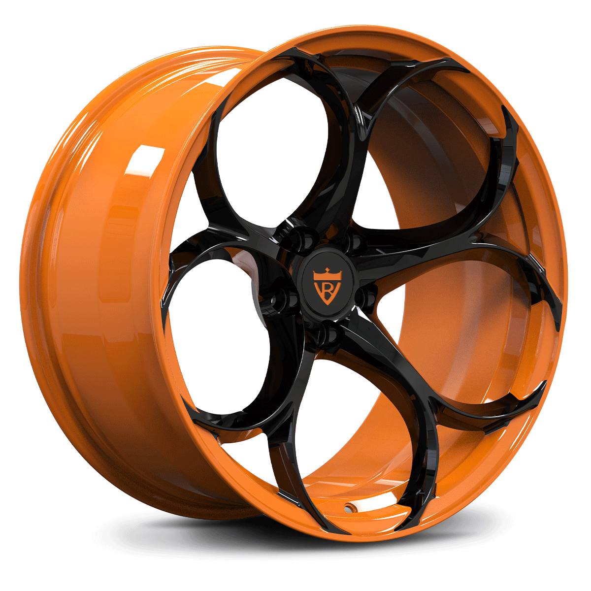 Custom forged monoblock wheel in orange and black finish, ideal for Corvette aftermarket rims and performance upgrades.