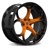 Custom forged monoblock wheel RV-MS016 in black and orange, perfect for Corvette aftermarket rims and performance upgrades.