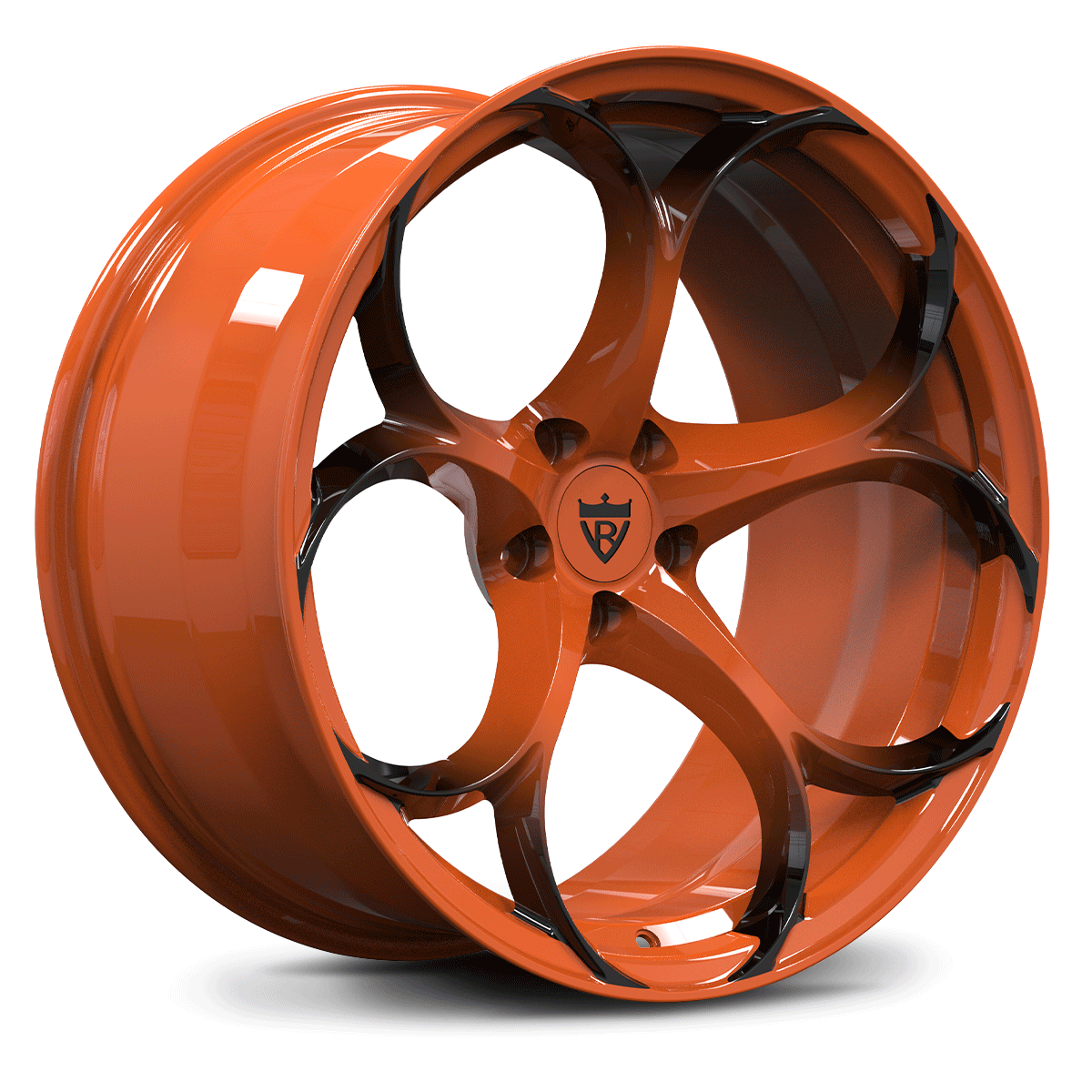 Custom forged monoblock wheel in orange finish, designed for Corvette aftermarket rims and custom performance applications.