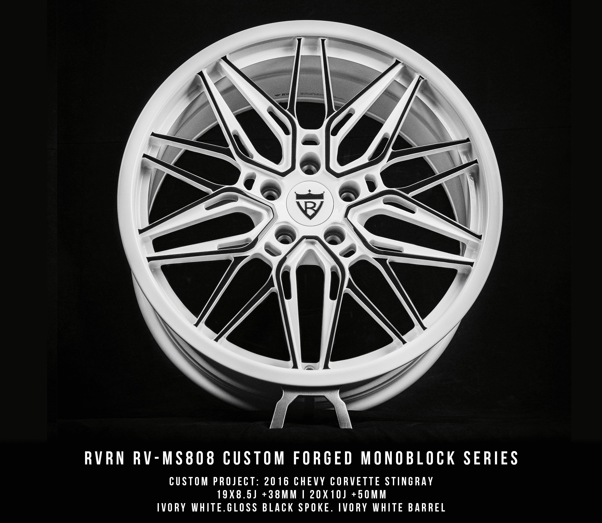 RV-MS808 custom forged monoblock series wheel for 2016 Chevy Corvette Stingray in ivory white with gloss black spokes and ivory white barrel