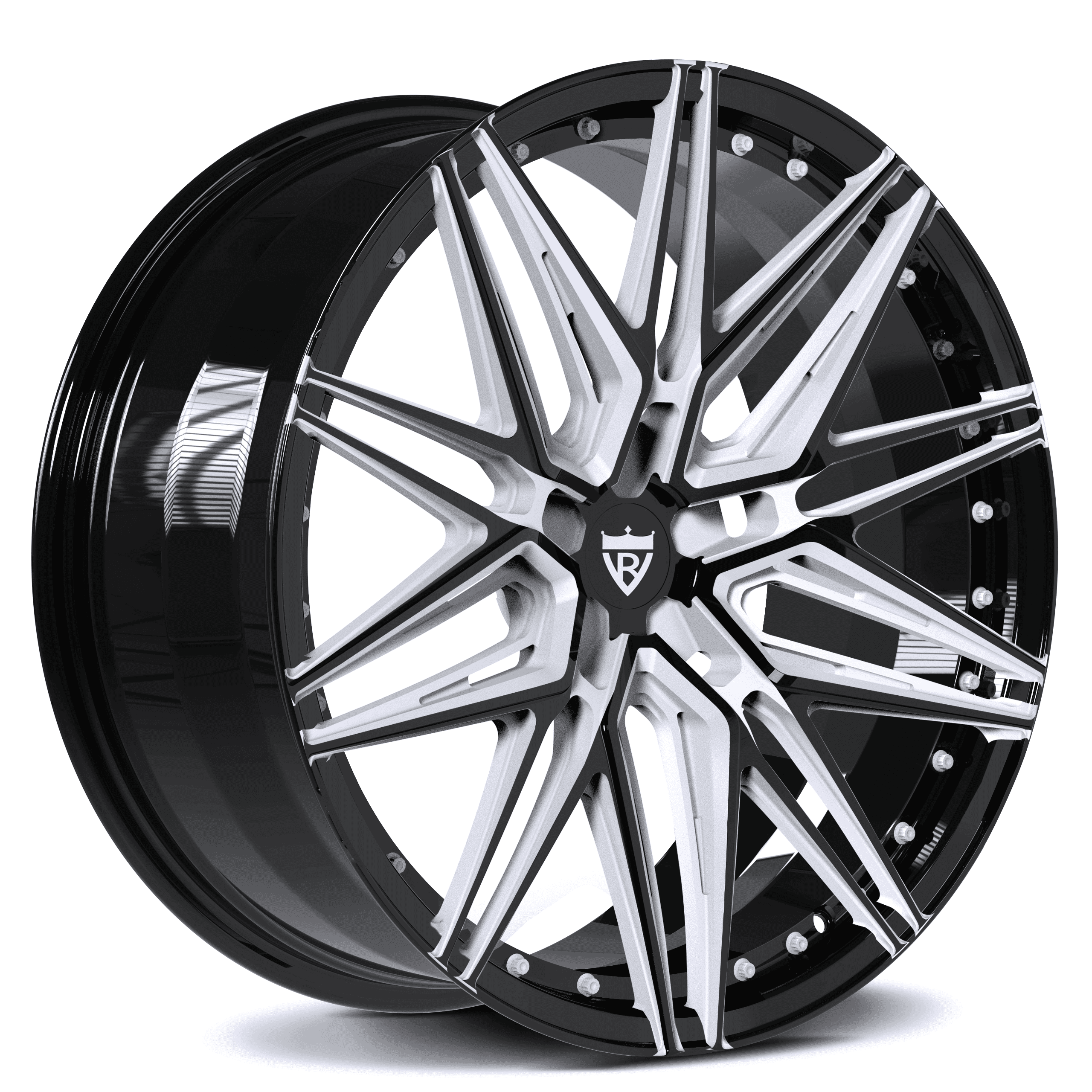 Black white custom wheels for 2021 Ford Shelby GT500, 20inch x10 wheel size, with white screws on it.
