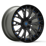 Custom forged RV-DC04 wheels featuring a sleek black finish with blue accents, designed for aggressive styling and performance.