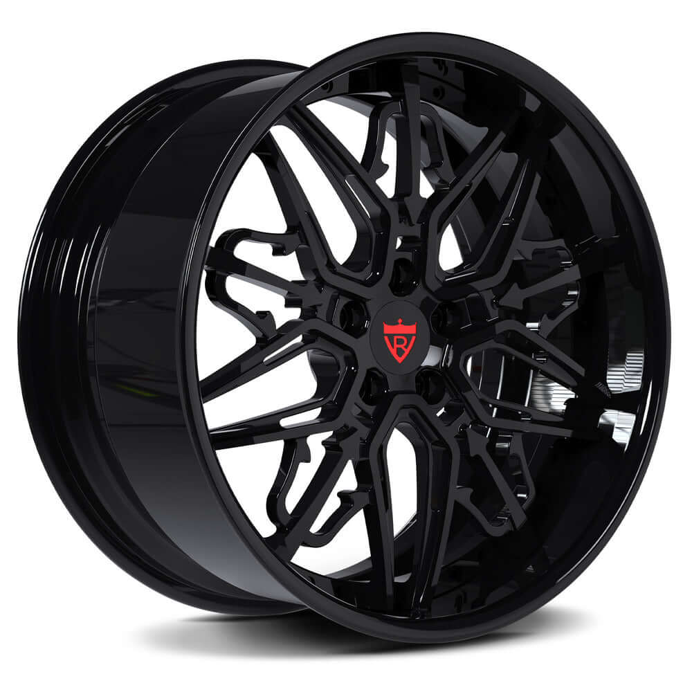 Custom 2-piece forged Maserati wheel RM-01 featuring a sleek black finish and iconic Trident logo design.