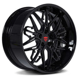 Custom 2-piece forged Maserati wheel RM-01 featuring a sleek black finish and iconic Trident logo design.